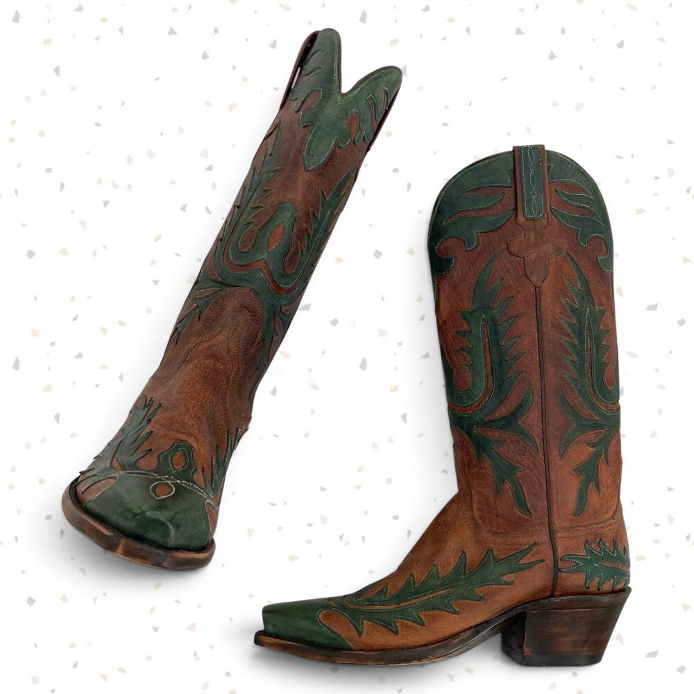 Vintage Lucchese Classics Western Boot Cowboy Green Overlay Brown Leather Size 6 - Picture 2 of 15